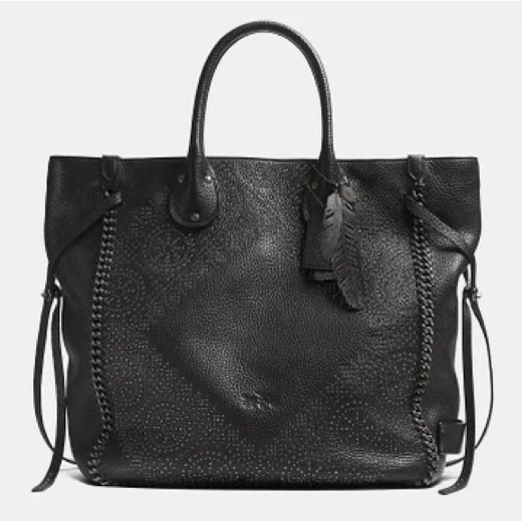 COACH RARE tall Tatum whipstitch Studded Black Leather Bag weekender/tote - Picture 1 of 14